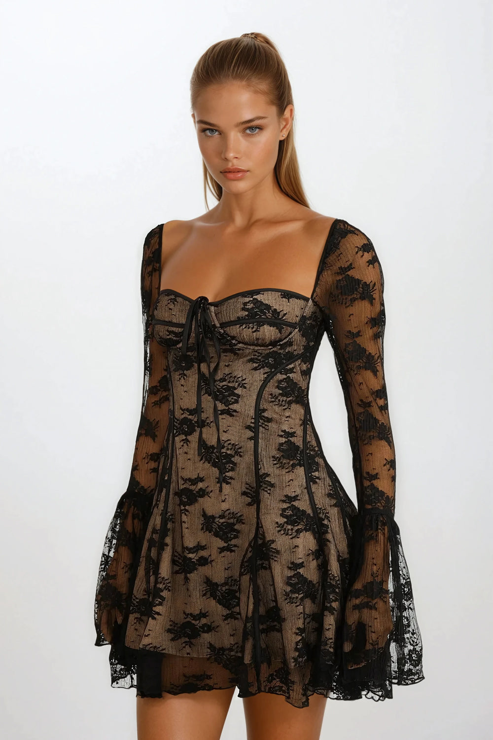 Mini Dress with Sheer Long Sleeves and Lace Details - Black