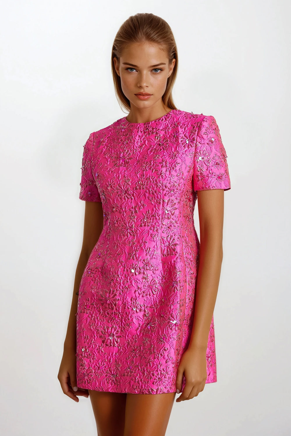 Short Sleeve Floral Embroidered Mini Dress - Pink