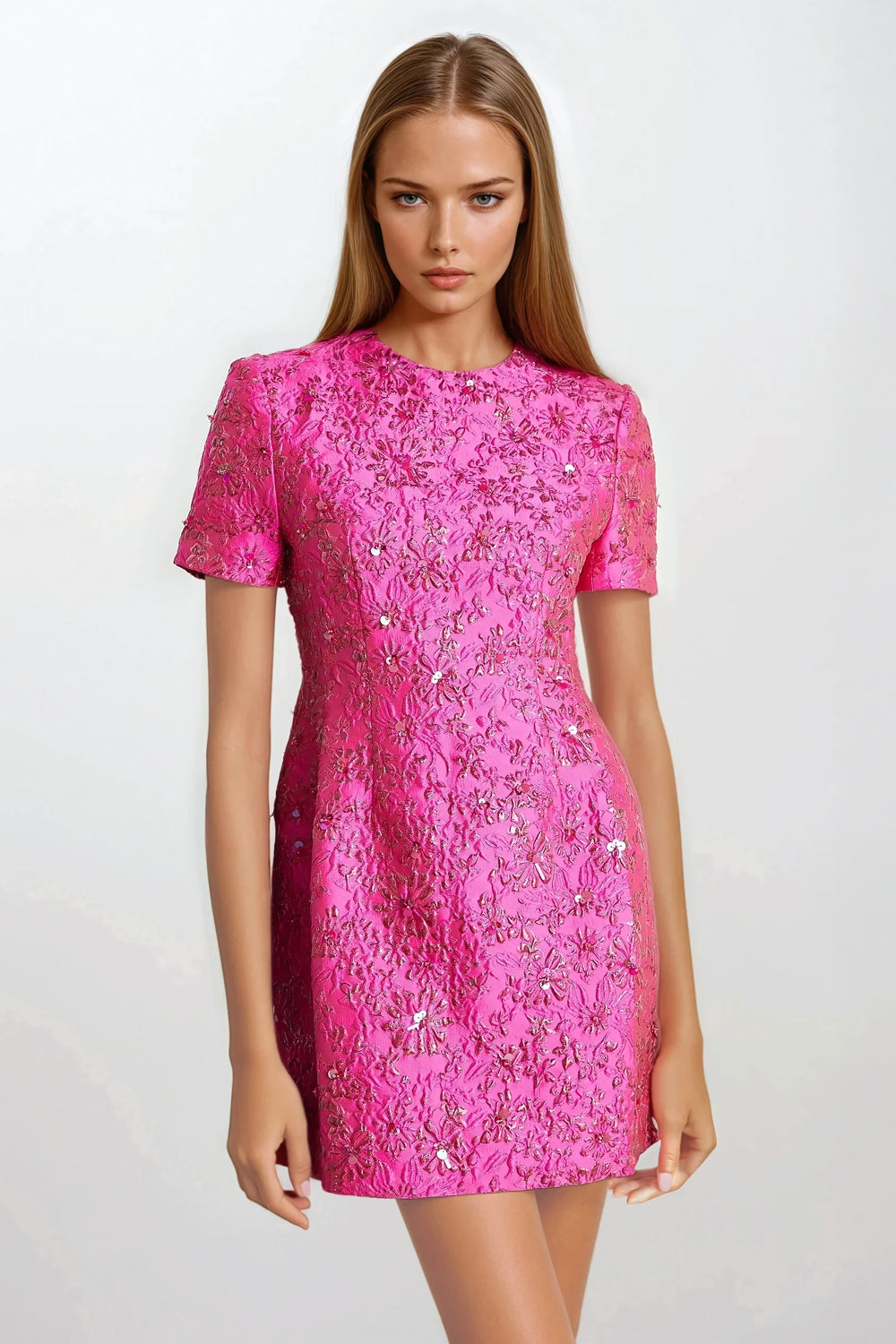 Short Sleeve Floral Embroidered Mini Dress - Pink