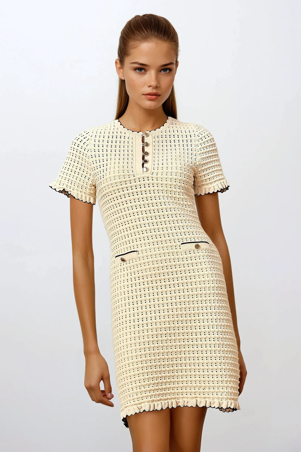 Short Sleeve A-Line Knitted Mini Dress - Beige