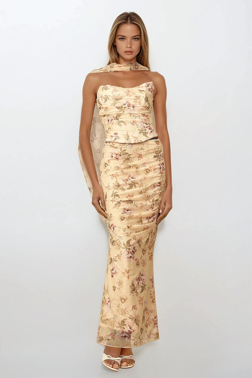 Two-Piece Set with Draped Tube Top and Ruched Maxi Skirt - White