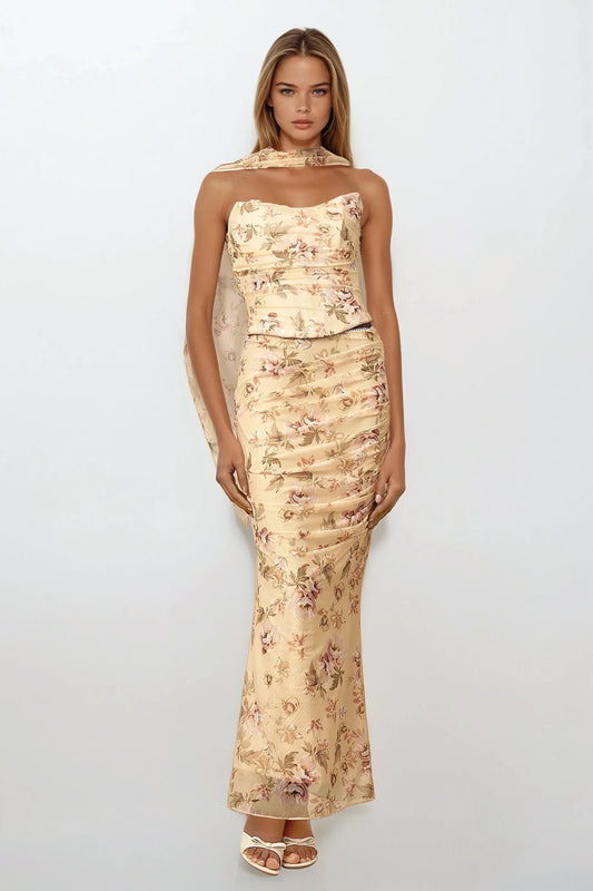 Two-Piece Set with Draped Tube Top and Ruched Maxi Skirt - White