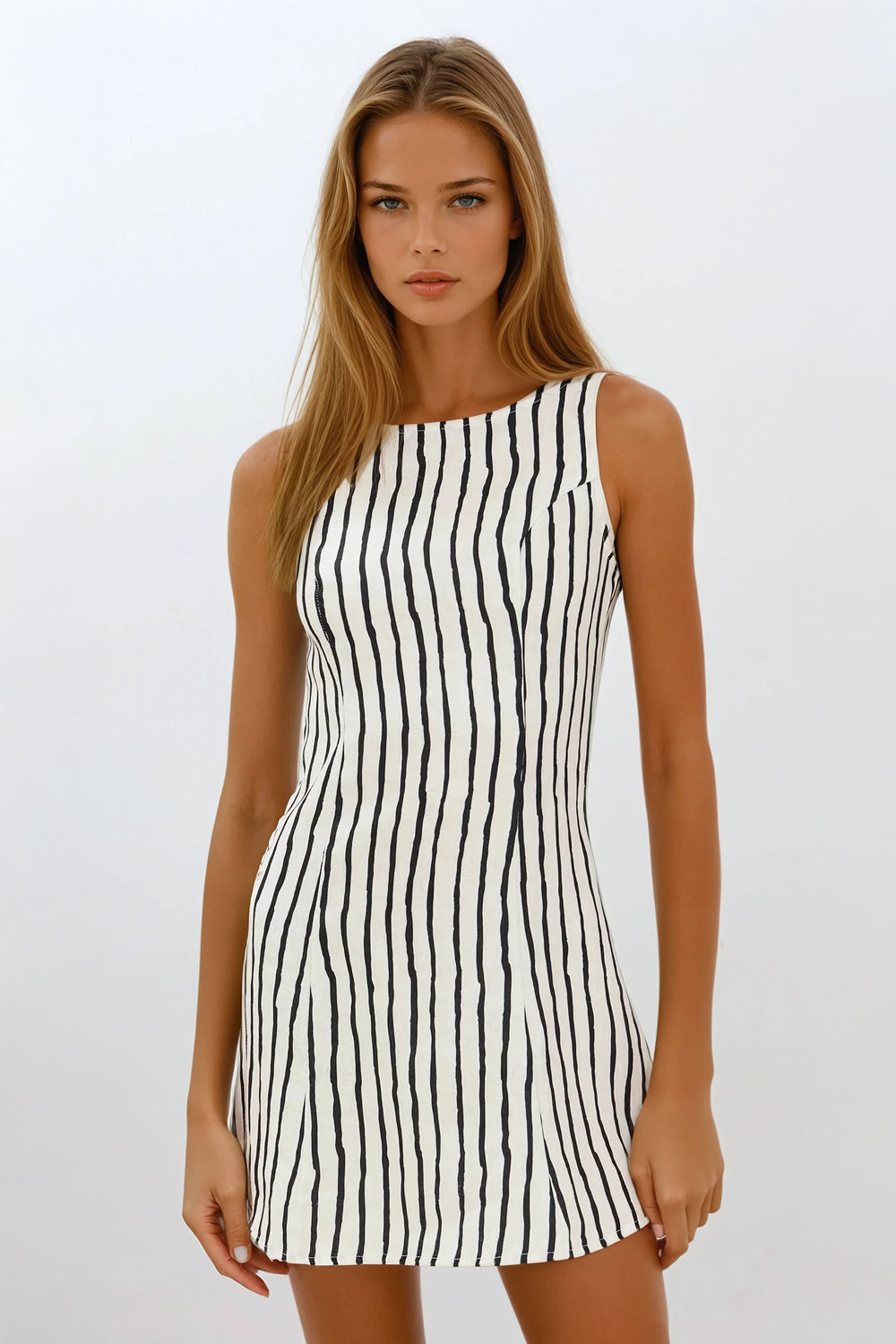 Striped Sleeveless Mini Dress - White