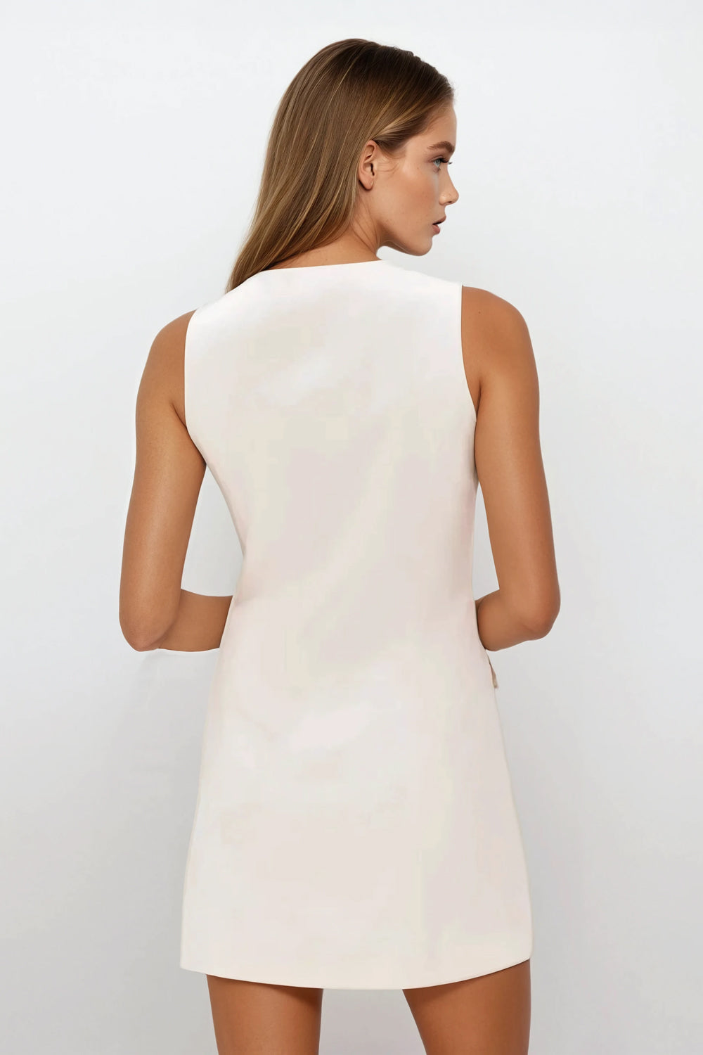 Sleeveless Button-Up Mini Dress -  White