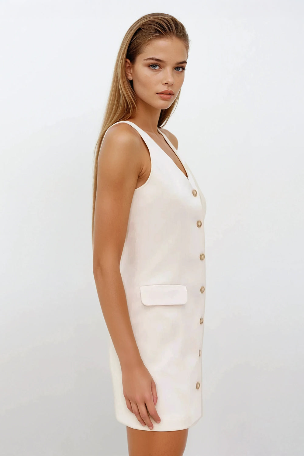 Sleeveless Button-Up Mini Dress -  White