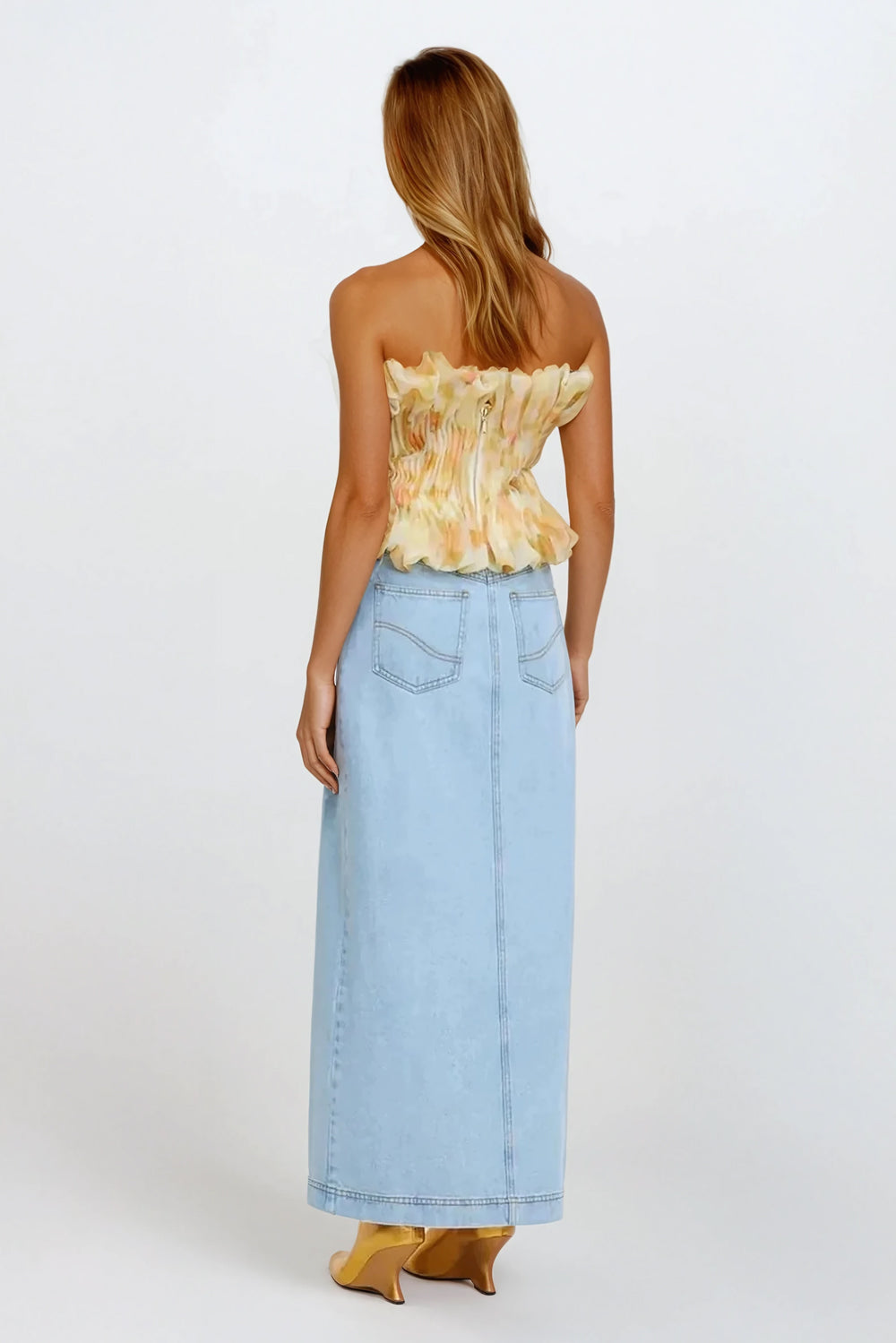 Strapless Pleated Top with Ruffled Details - Yellow