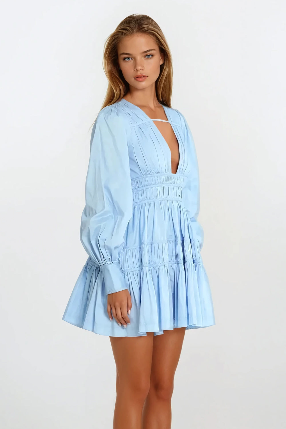 Long Sleeve Tiered Mini Dress with Plunge Neckline - Blue
