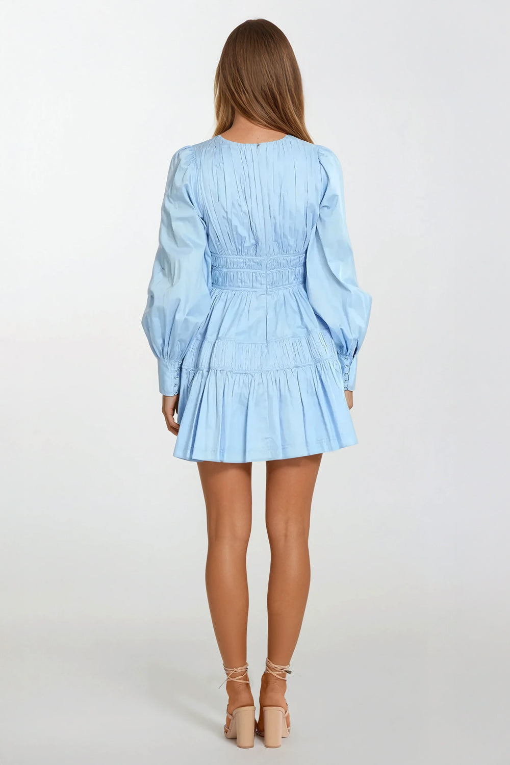 Long Sleeve Tiered Mini Dress with Plunge Neckline - Blue