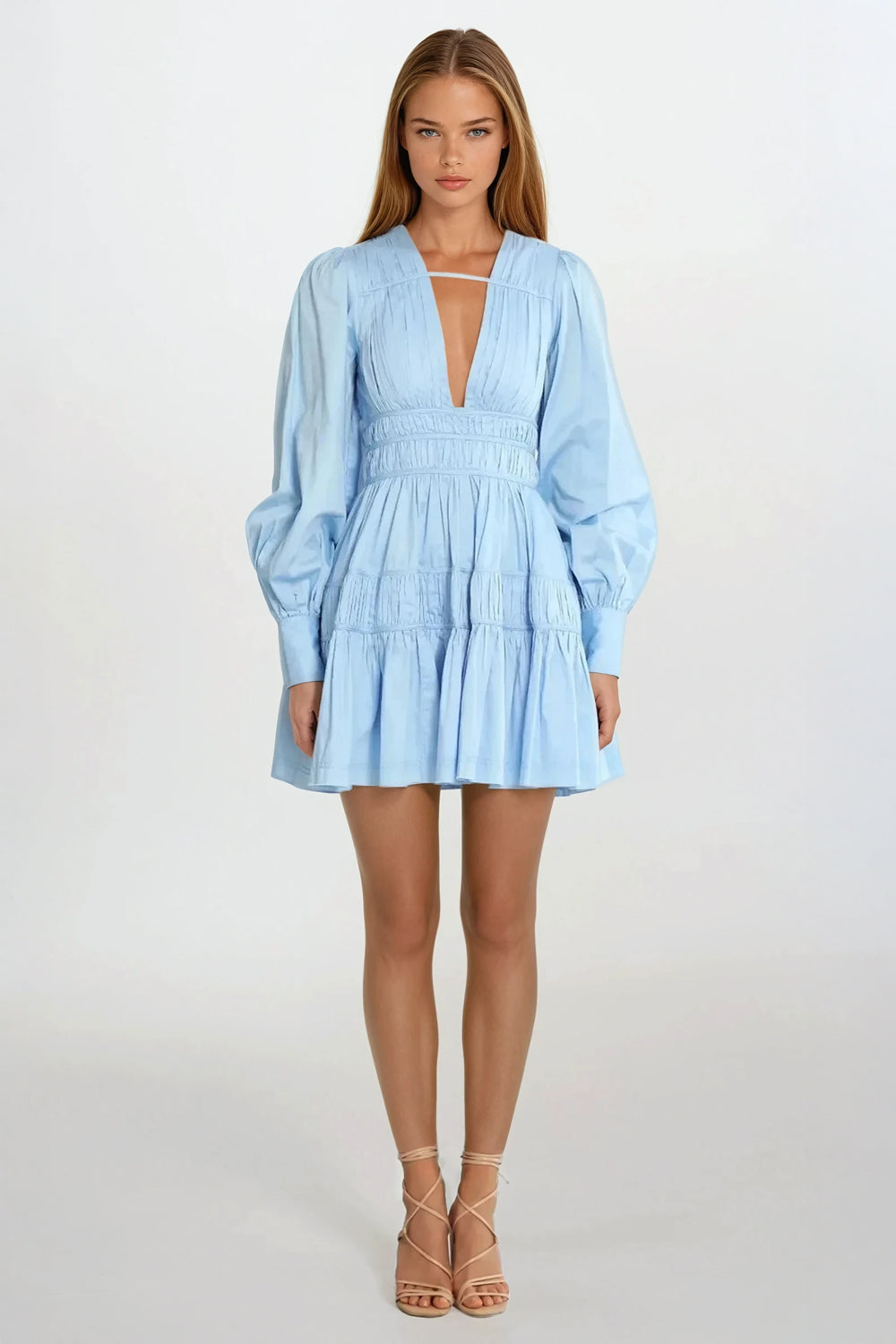 Long Sleeve Tiered Mini Dress with Plunge Neckline - Blue