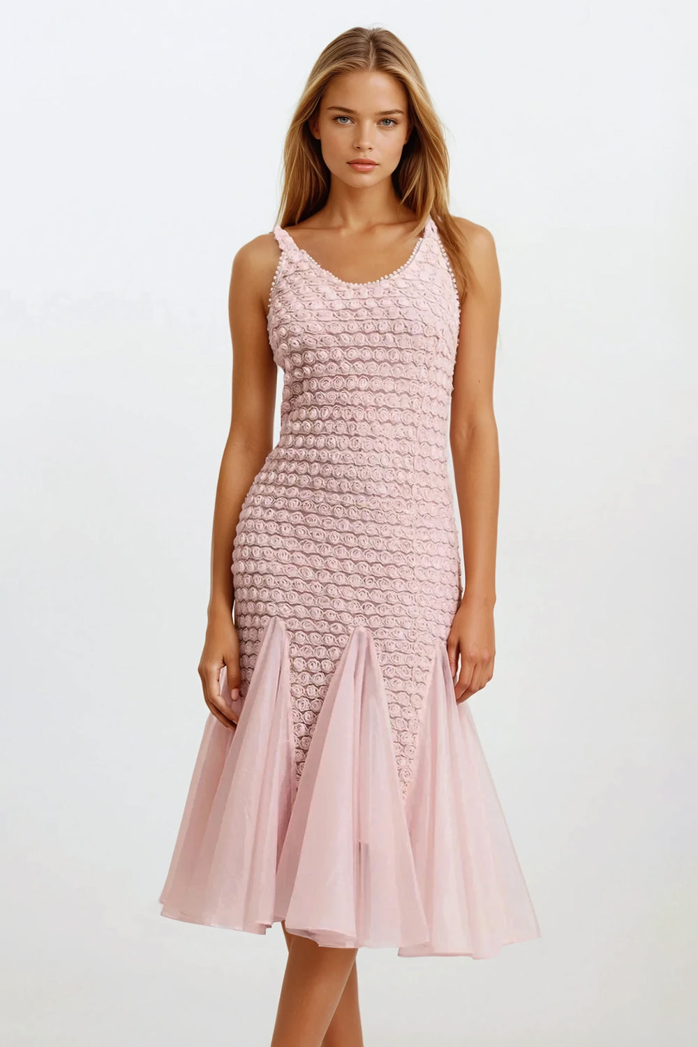Sleeveless Midi Dress with Textured Bodice and Sheer Flared Hem - Pink