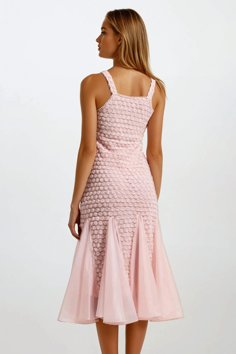 Sleeveless Midi Dress with Textured Bodice and Sheer Flared Hem - Pink