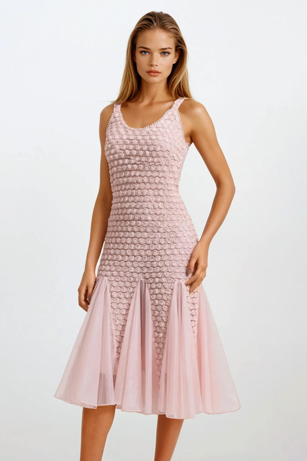 Sleeveless Midi Dress with Textured Bodice and Sheer Flared Hem - Pink