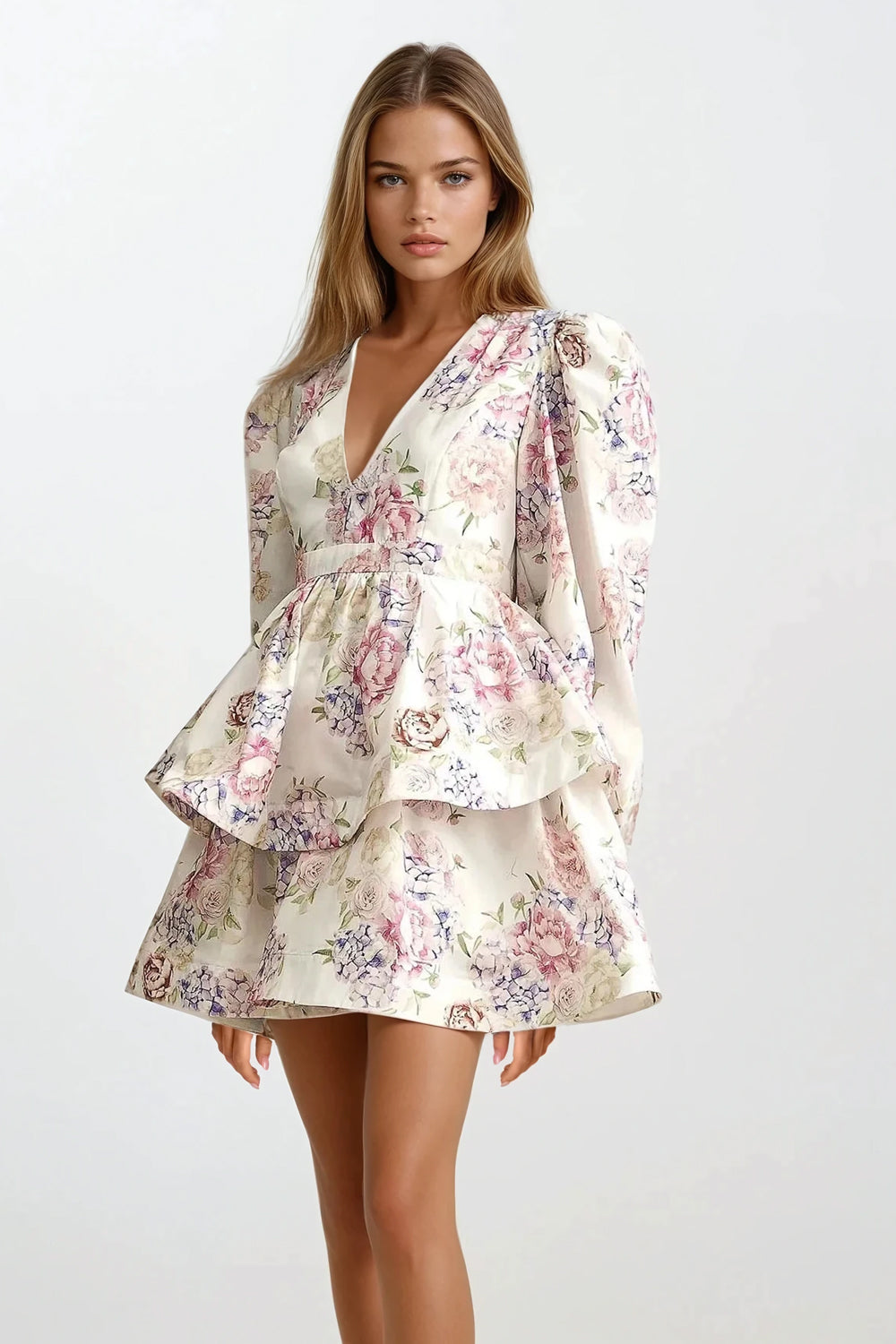 Long Sleeve Mini Dress with Deep V-Neck and Peplum Hem - White