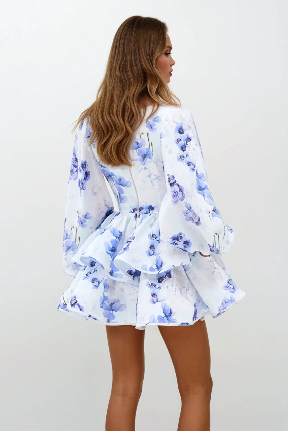 Long Sleeve Floral Mini Dress with Layered Skirt - Blue
