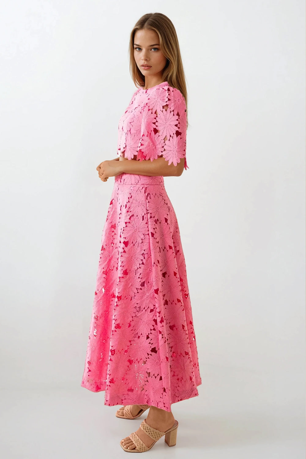 Two-Piece Set with Short Sleeve Top and Cutout Midi Skirt - Pink
