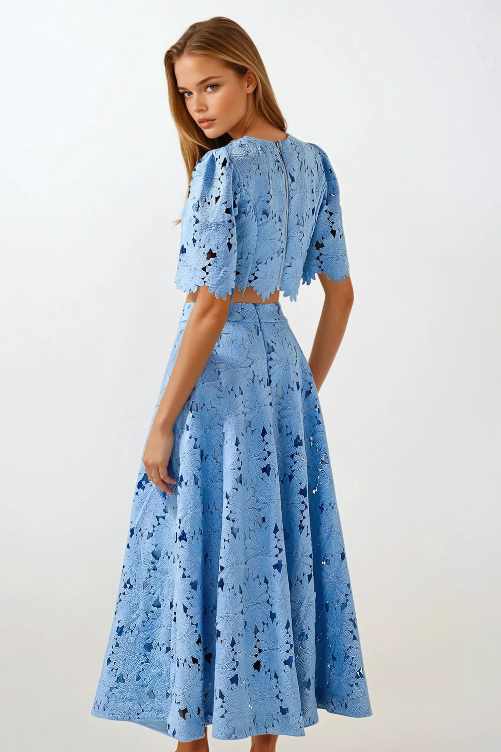 Two-Piece Set with Short Sleeve Top and Cutout Midi Skirt - Blue