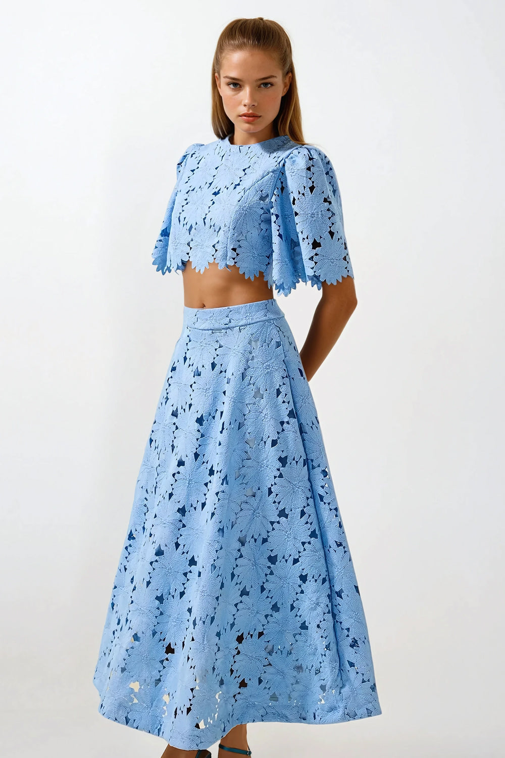 Two-Piece Set with Short Sleeve Top and Cutout Midi Skirt - Blue
