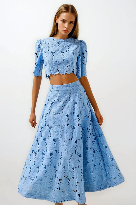 Two-Piece Set with Short Sleeve Top and Cutout Midi Skirt - Blue
