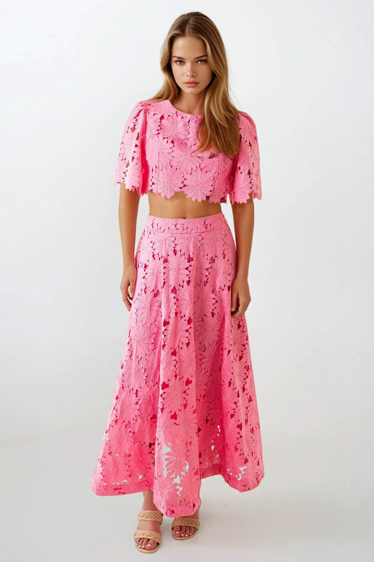 Two-Piece Set with Short Sleeve Top and Cutout Midi Skirt - Pink