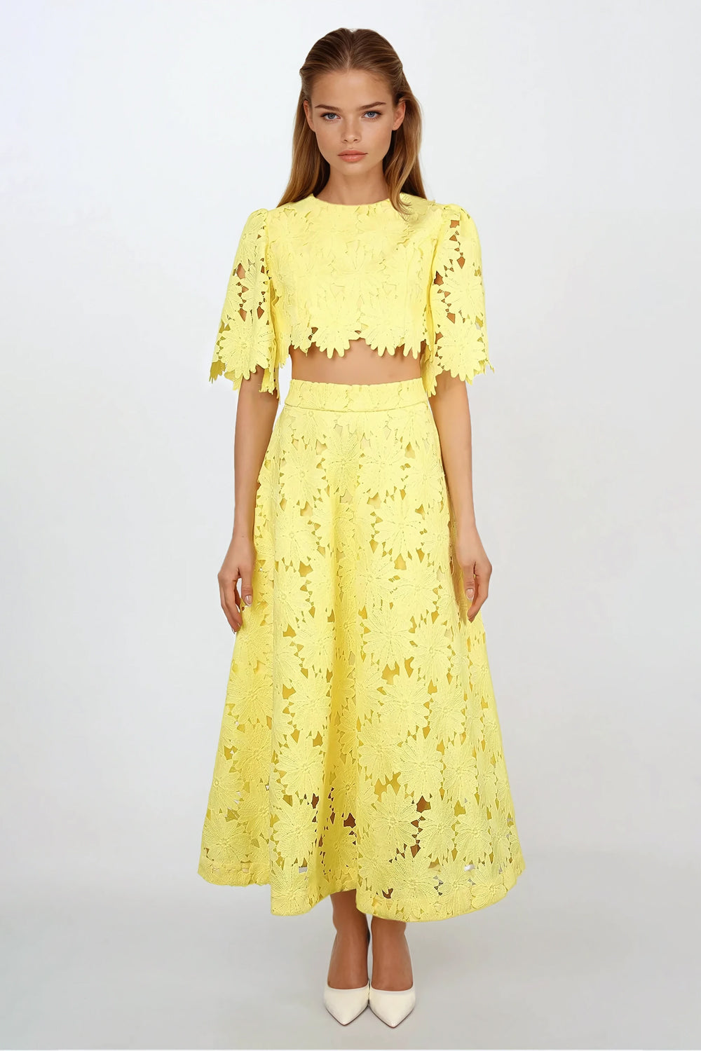 Two-Piece Set with Short Sleeve Top and Cutout Midi Skirt - Yellow