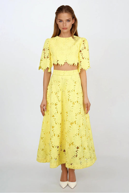 Two-Piece Set with Short Sleeve Top and Cutout Midi Skirt - Yellow