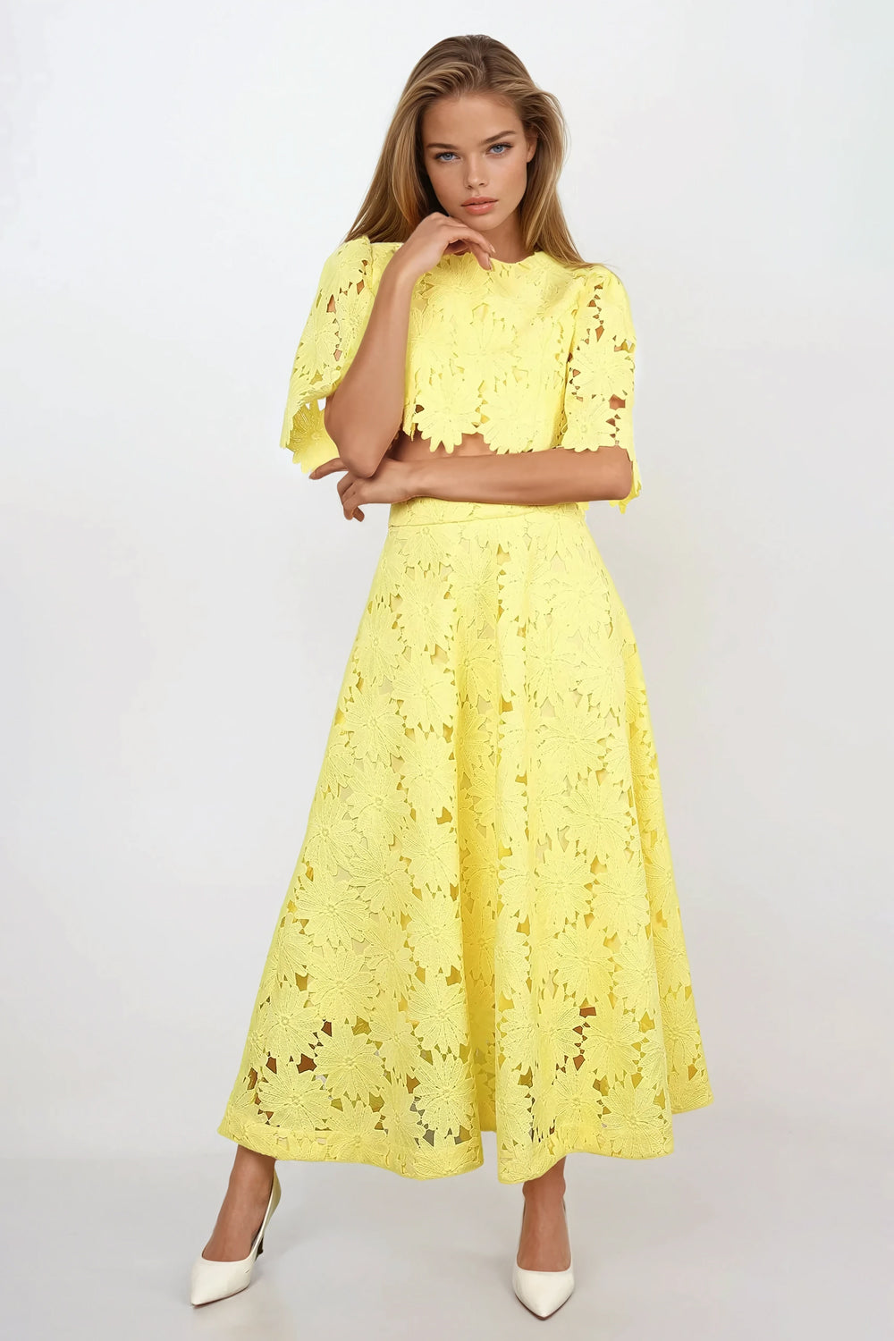 Two-Piece Set with Short Sleeve Top and Cutout Midi Skirt - Yellow