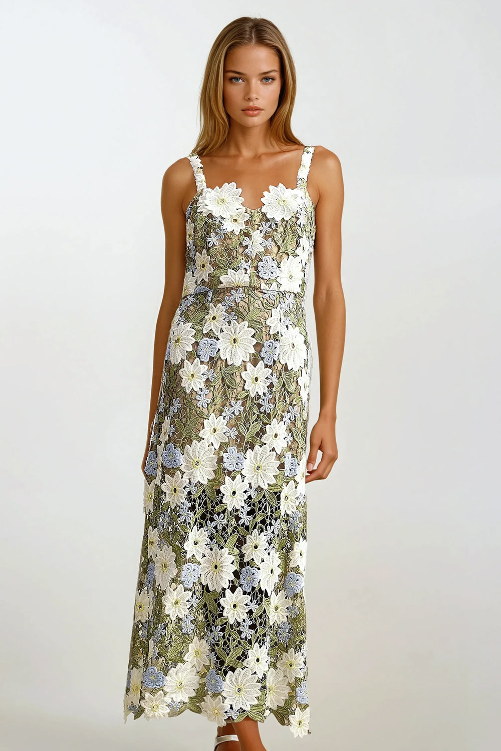 Floral Embroidered Sleeveless Maxi Dress - Green