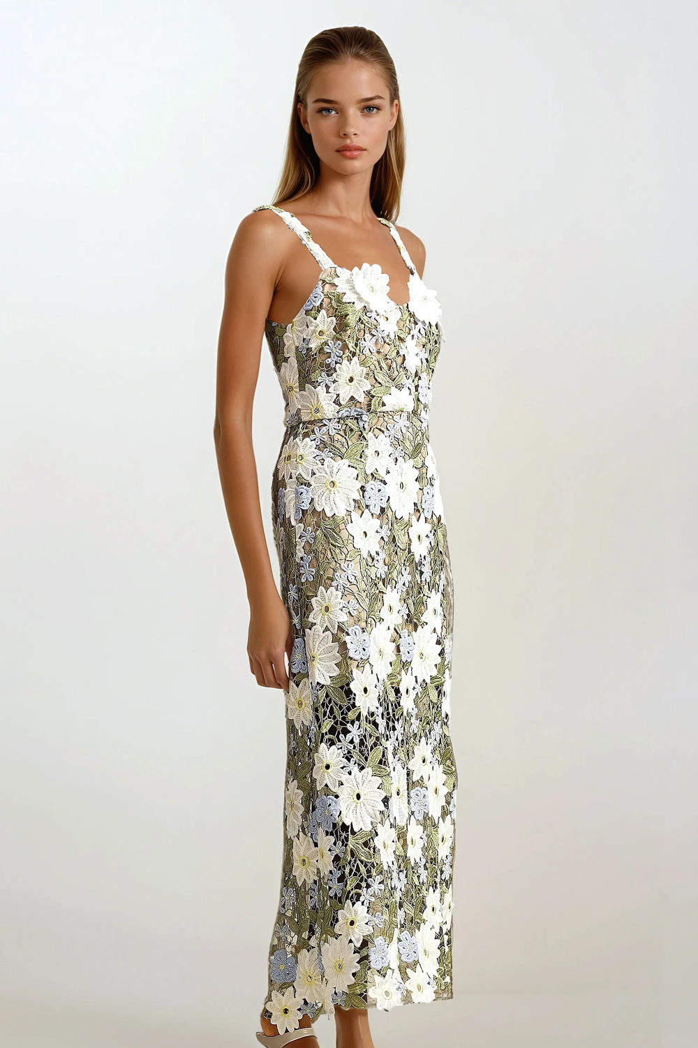 Floral Embroidered Sleeveless Maxi Dress - Green