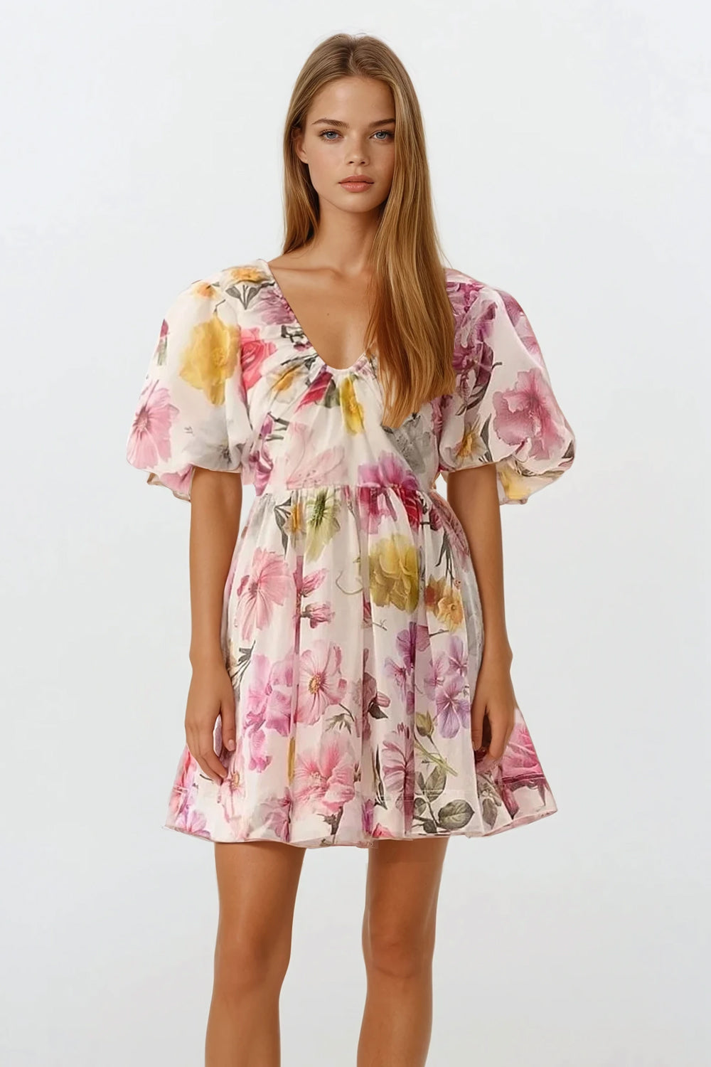 Puff Sleeve Mini Dress with Floral Pattern - Pink