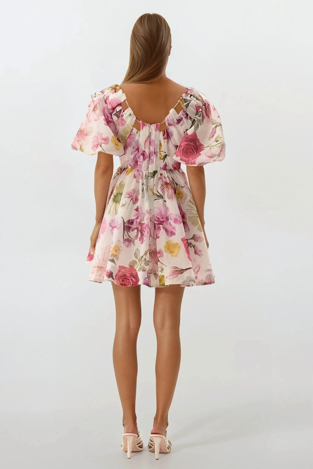 Puff Sleeve Mini Dress with Floral Pattern - Pink