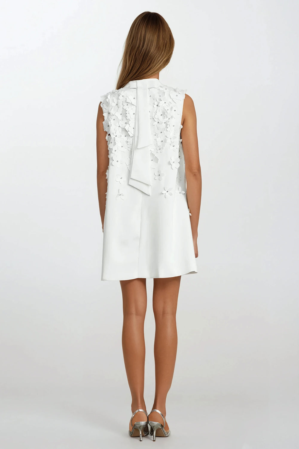 Sleeveless Mini Dress with 3D Floral Accents and Back Ribbon Detail - White