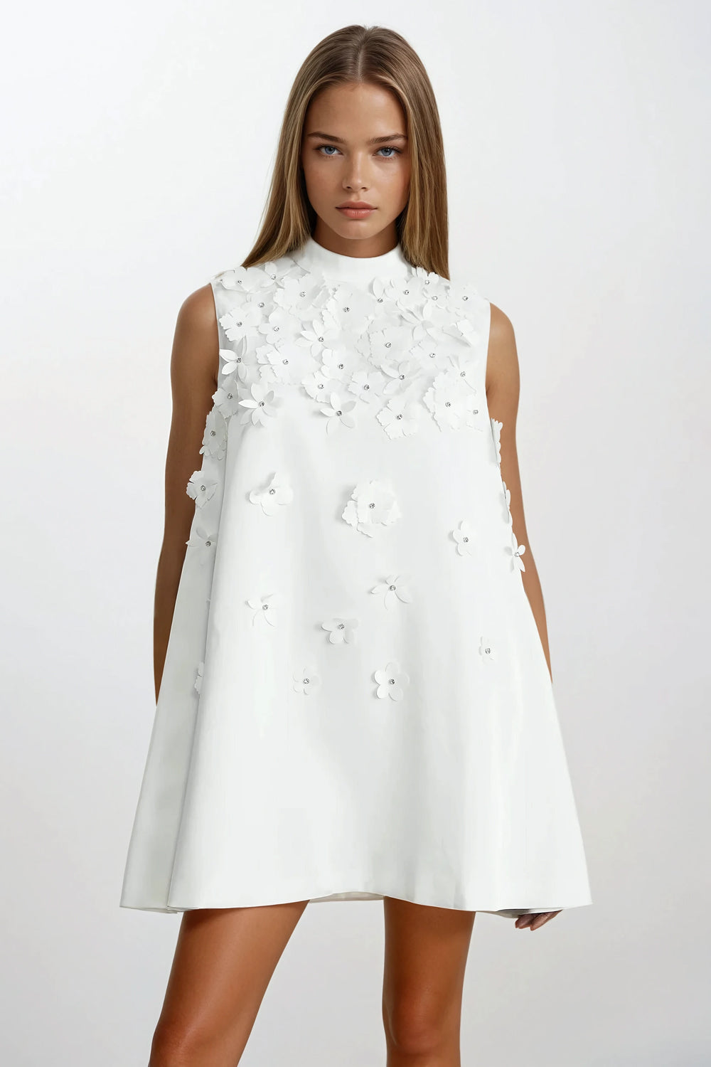 Sleeveless Mini Dress with 3D Floral Accents and Back Ribbon Detail - White