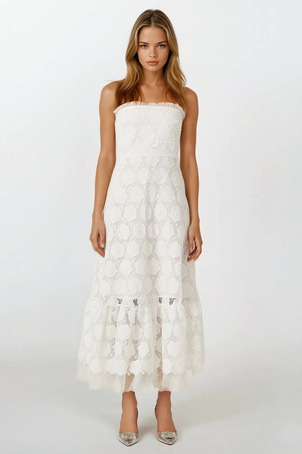 Halter Neck Maxi Dress with Lace Overlay - White