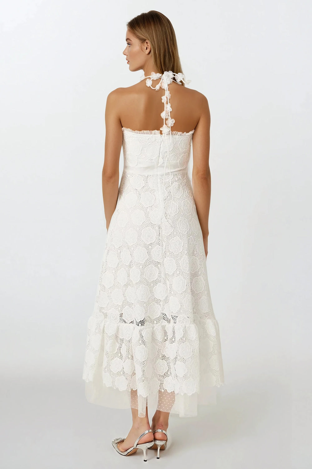 Halter Neck Maxi Dress with Lace Overlay - White