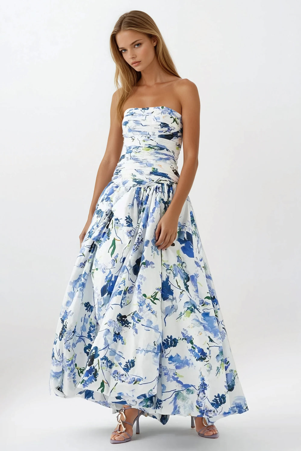 Strapless Printed Balloon Skirt Maxi Dress - Blue