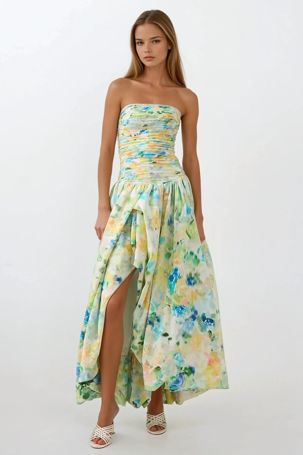 Strapless Printed Balloon Skirt Maxi Dress - Green