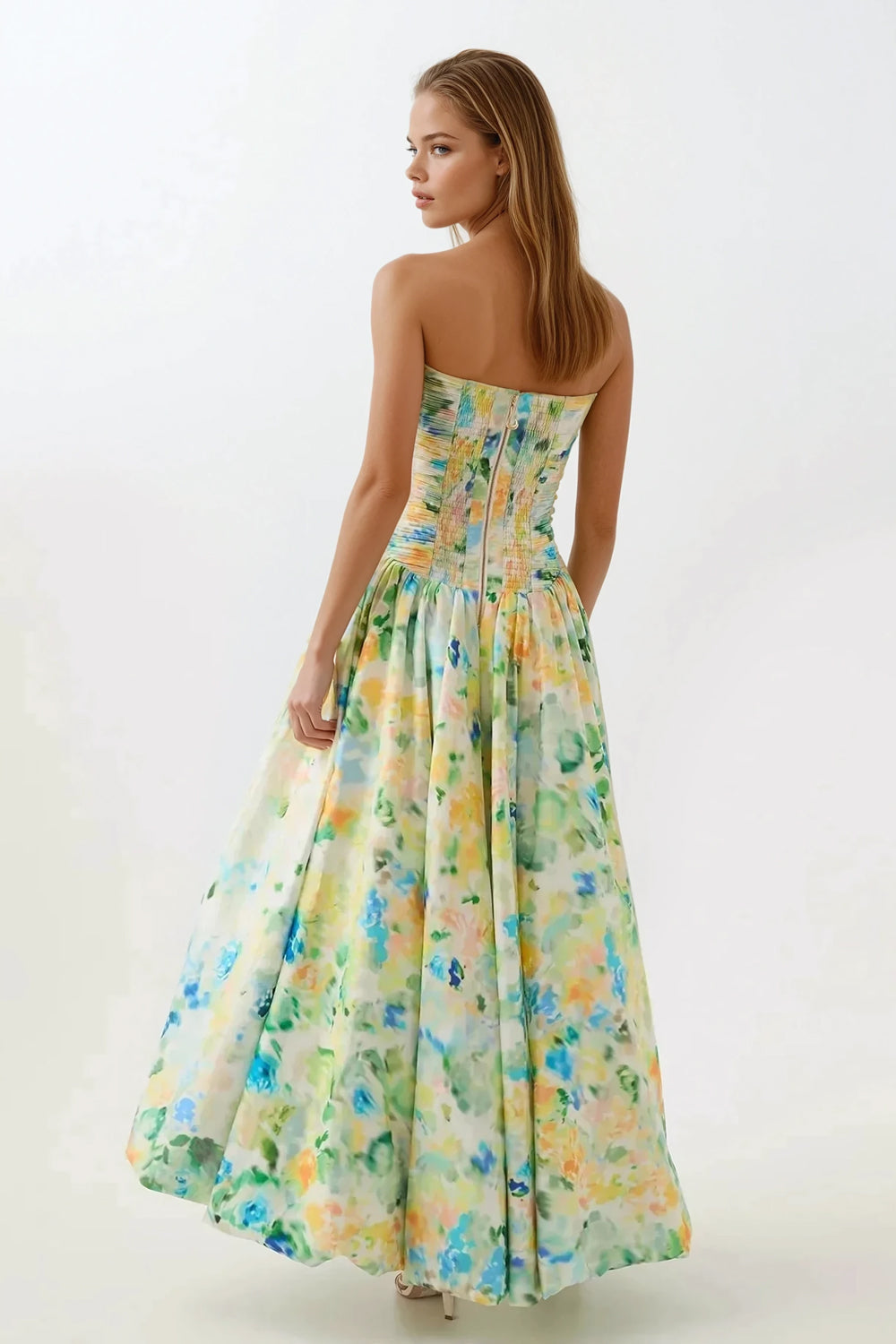 Strapless Printed Balloon Skirt Maxi Dress - Green