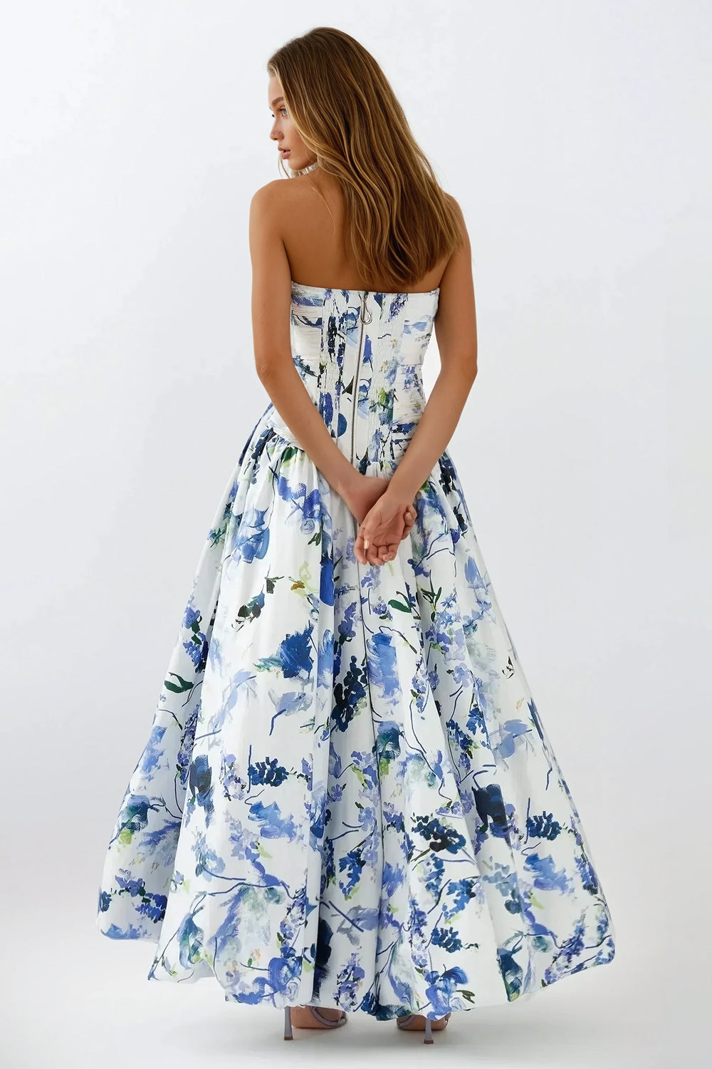 Strapless Printed Balloon Skirt Maxi Dress - Blue