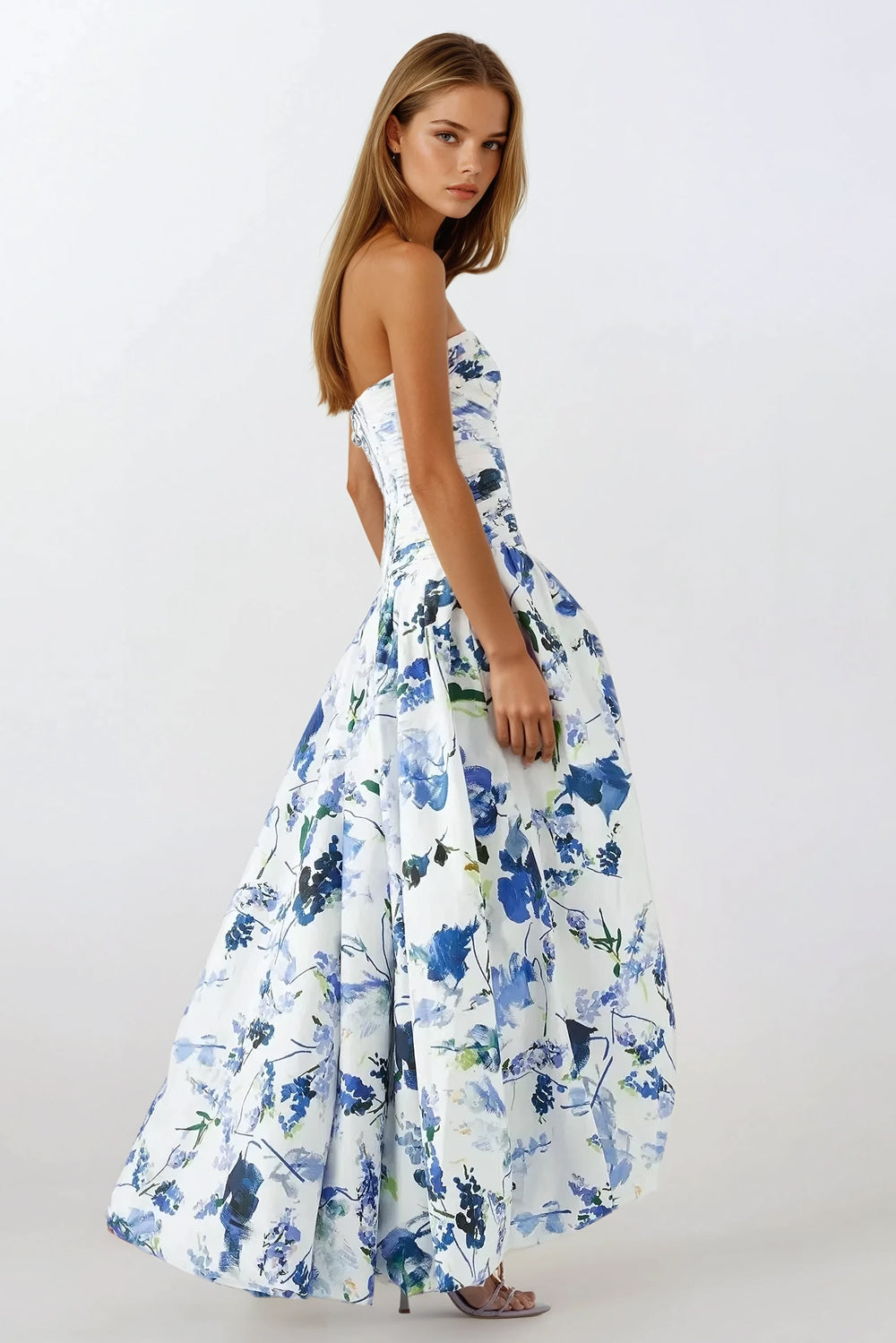 Strapless Printed Balloon Skirt Maxi Dress - Blue