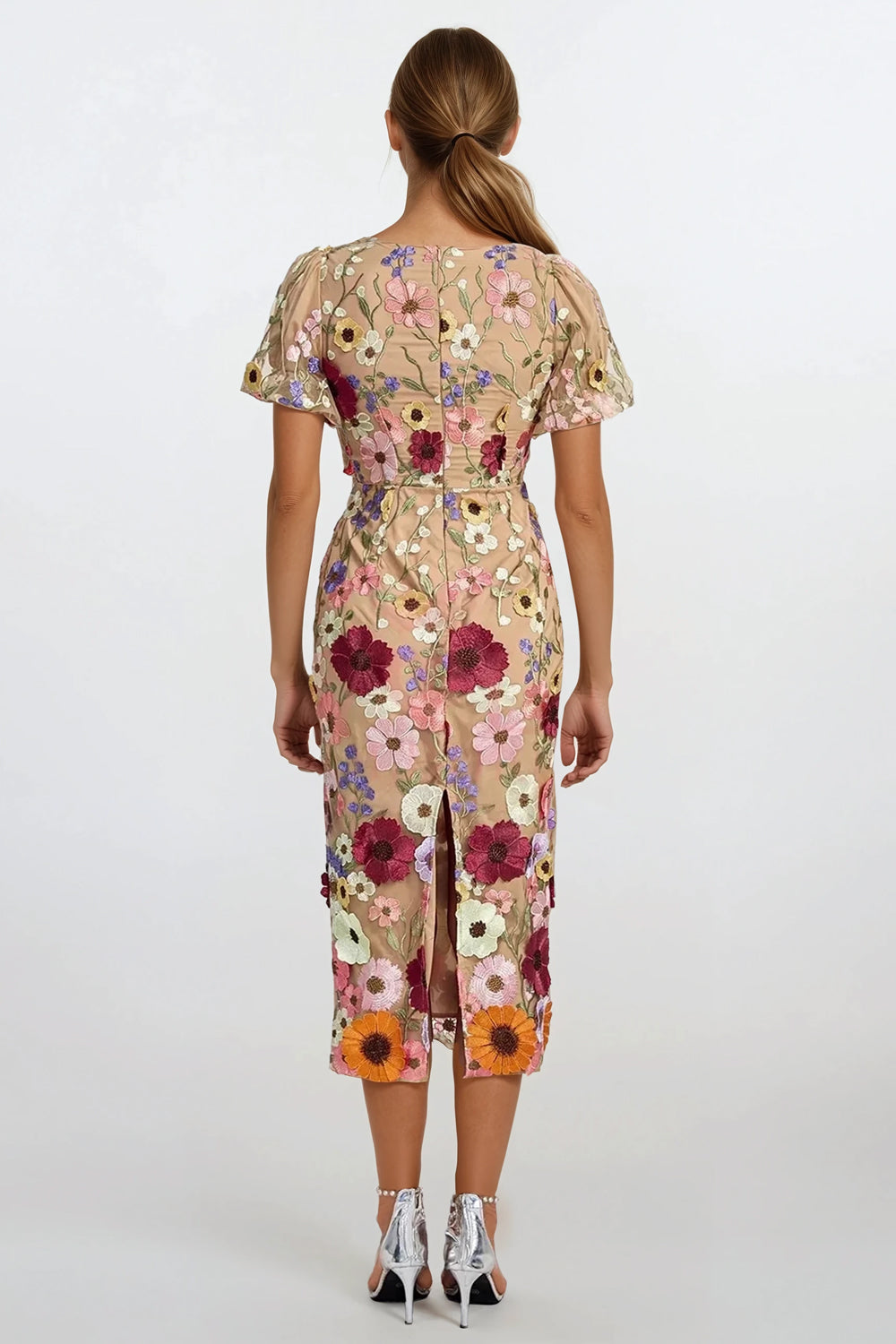 Midi Dress with Puff Sleeves and 3D Floral Detailing - Purple