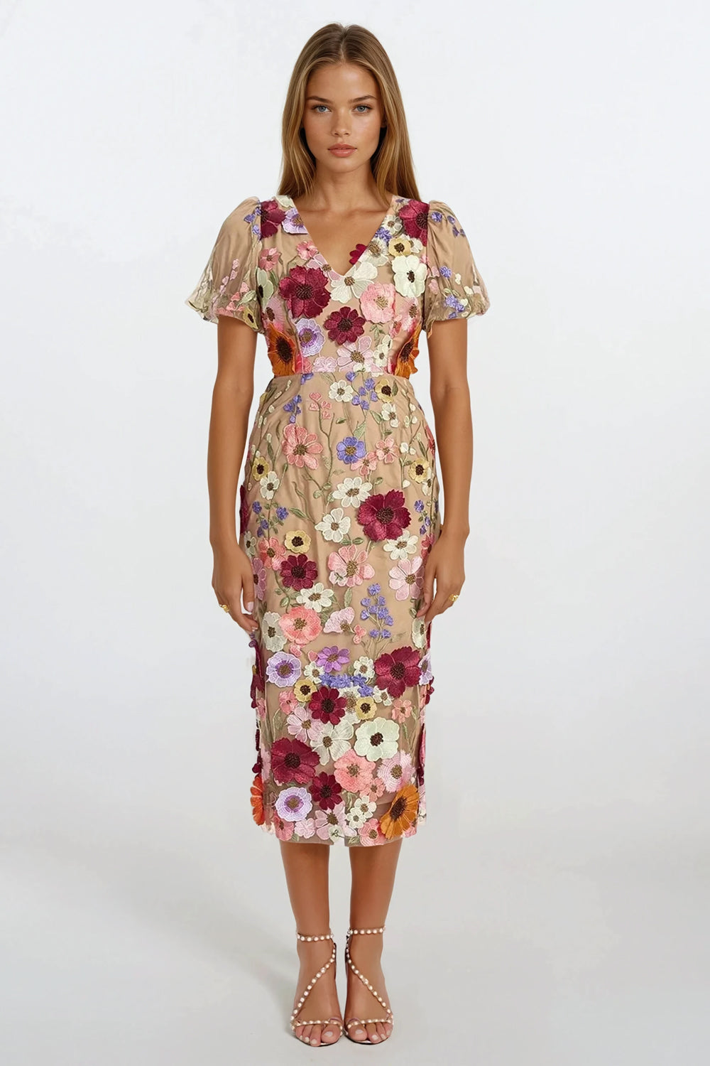 Midi Dress with Puff Sleeves and 3D Floral Detailing - Purple