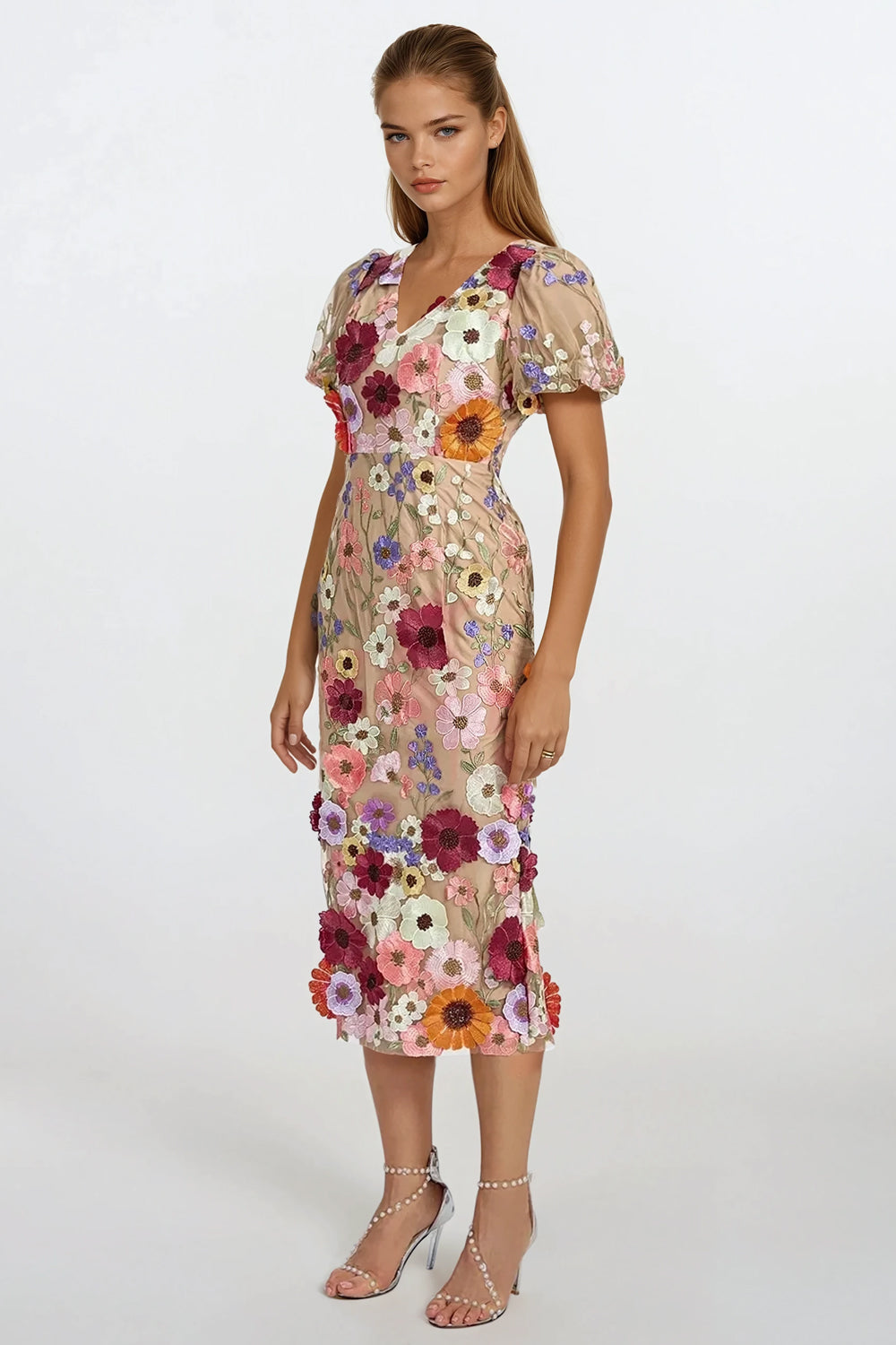 Midi Dress with Puff Sleeves and 3D Floral Detailing - Purple