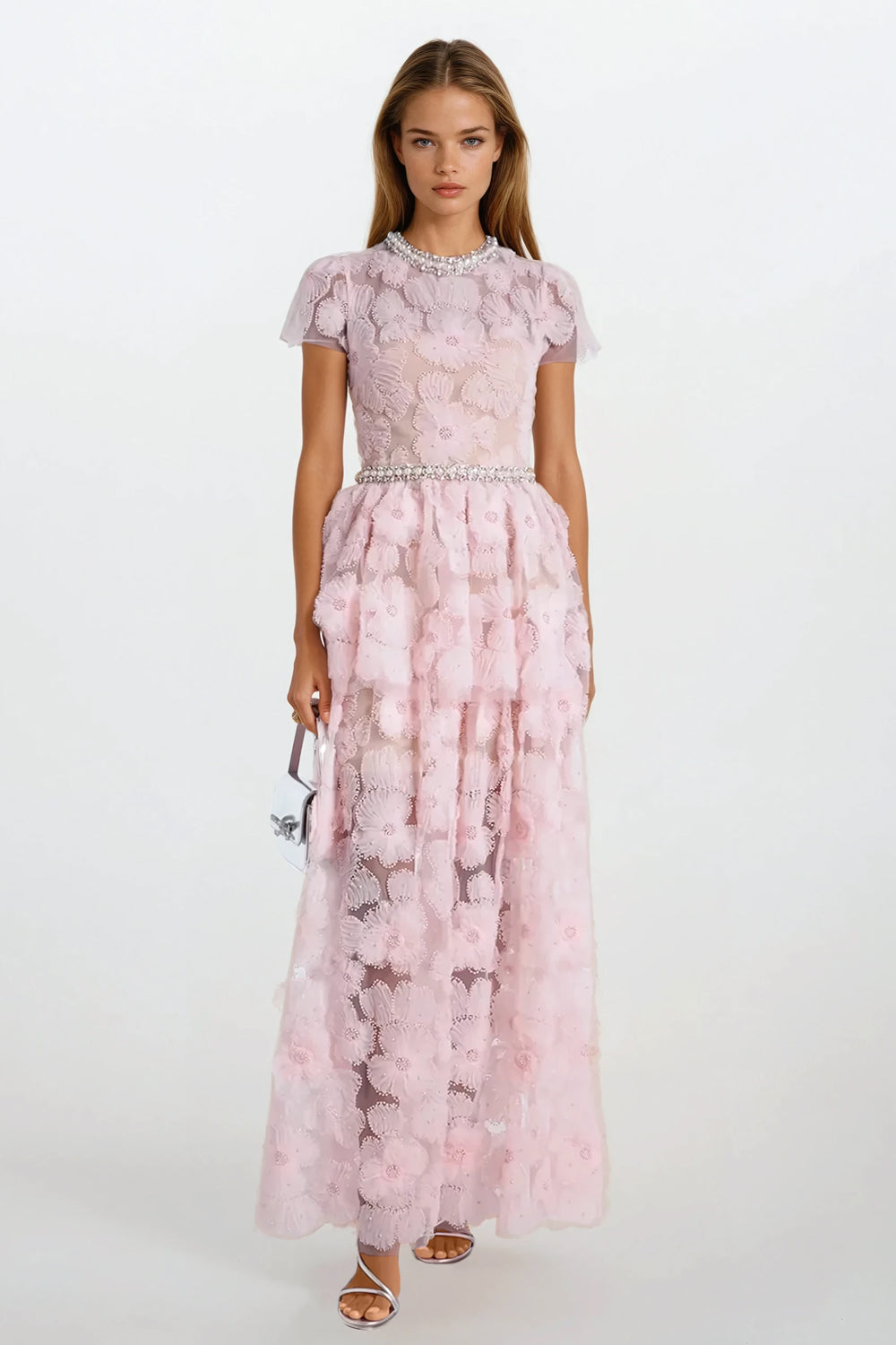 Maxi Dress with Short Sleeves and Layered Sheer Skirt - Pink