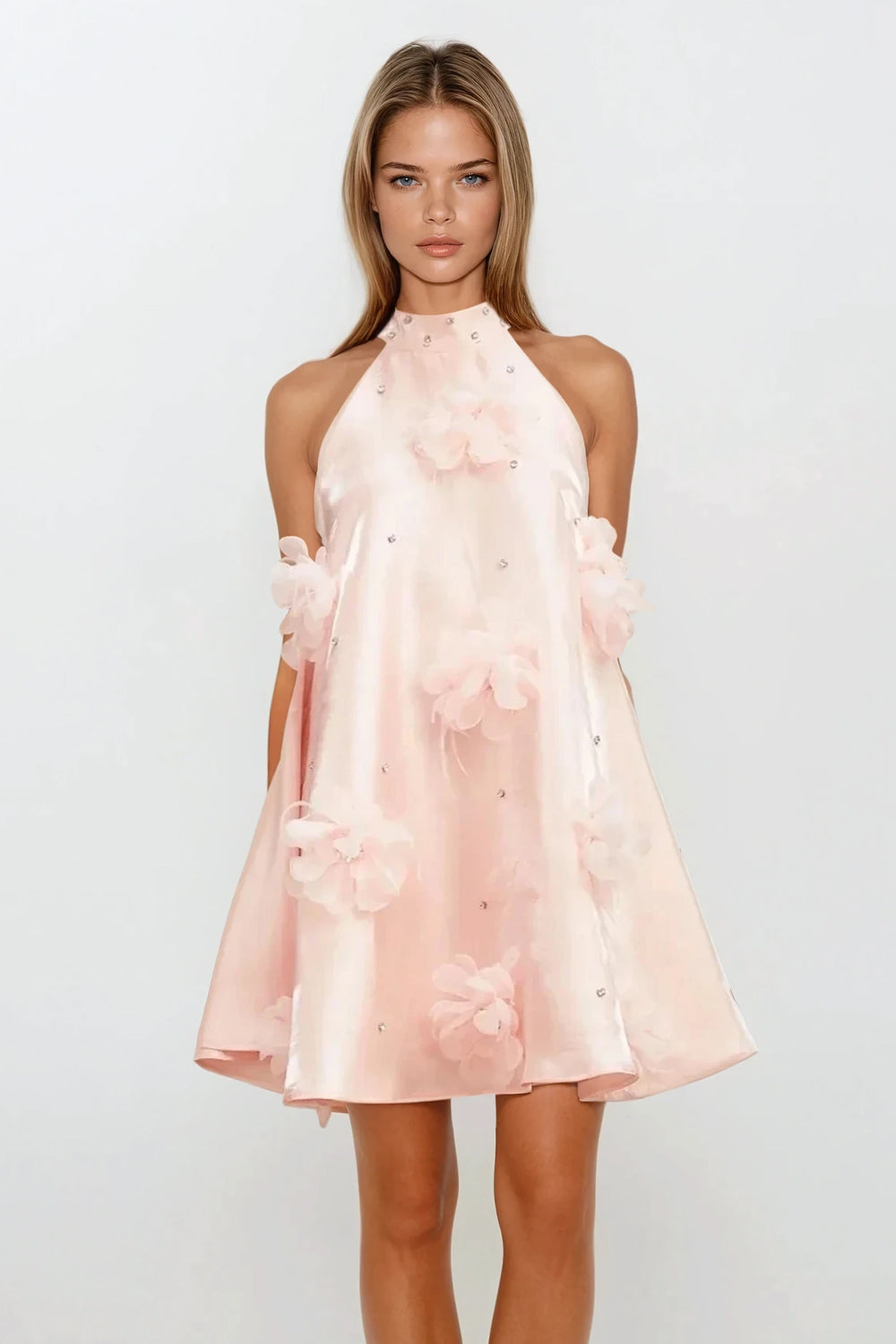 Sleeveless A-Line Mini Dress with 3D Floral and Pearl Accents - Pink