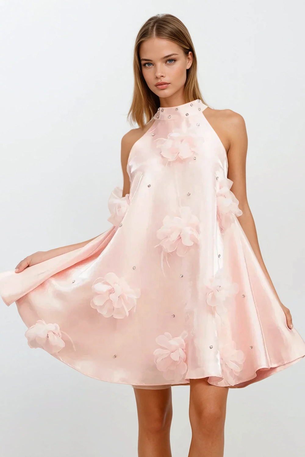 Sleeveless A-Line Mini Dress with 3D Floral and Pearl Accents - Pink