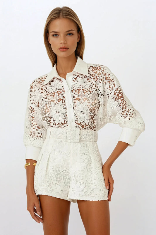Two-Piece Set with Lace Button-Up Top and Belted Shorts - White