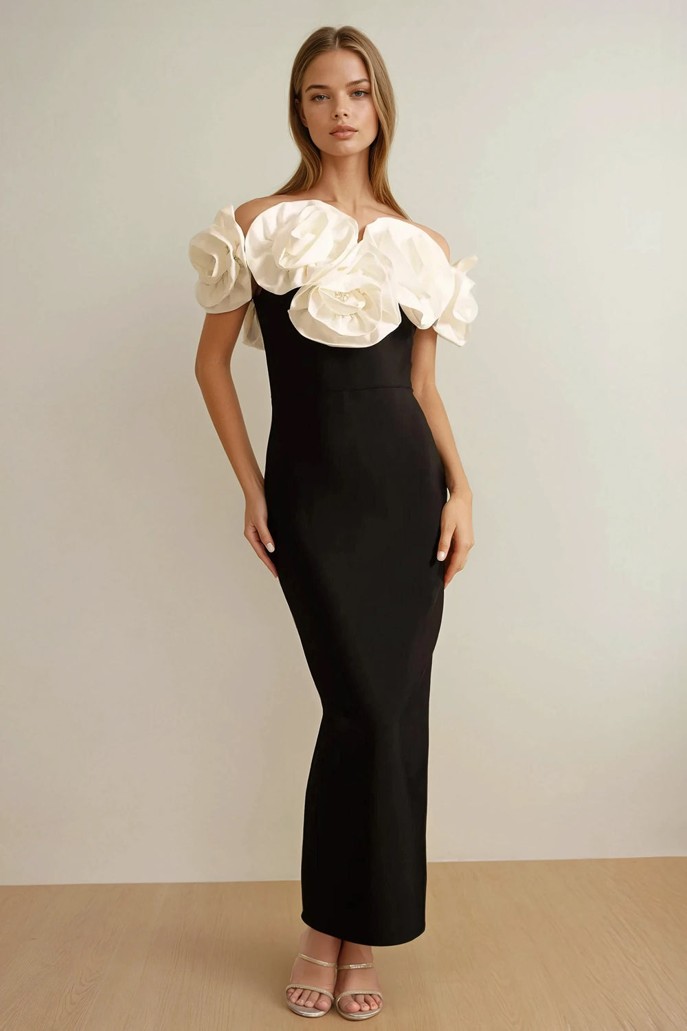 Off-Shoulder Midi Dress with Large Floral Accents - White