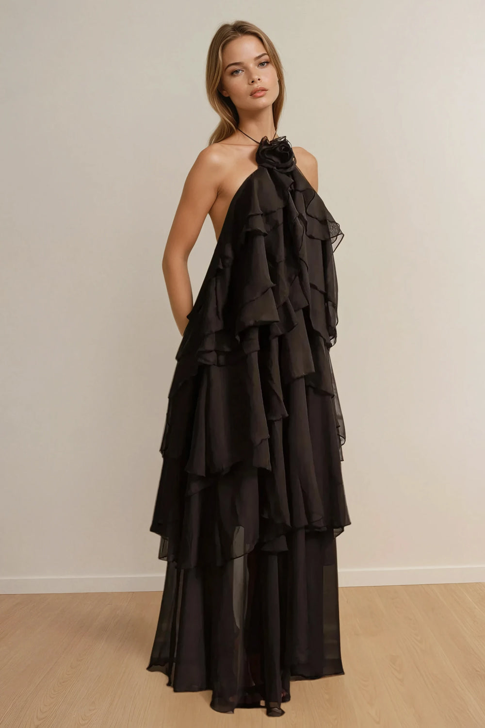 Halter Neck Layered Ruffle Backless Maxi Dress - Black
