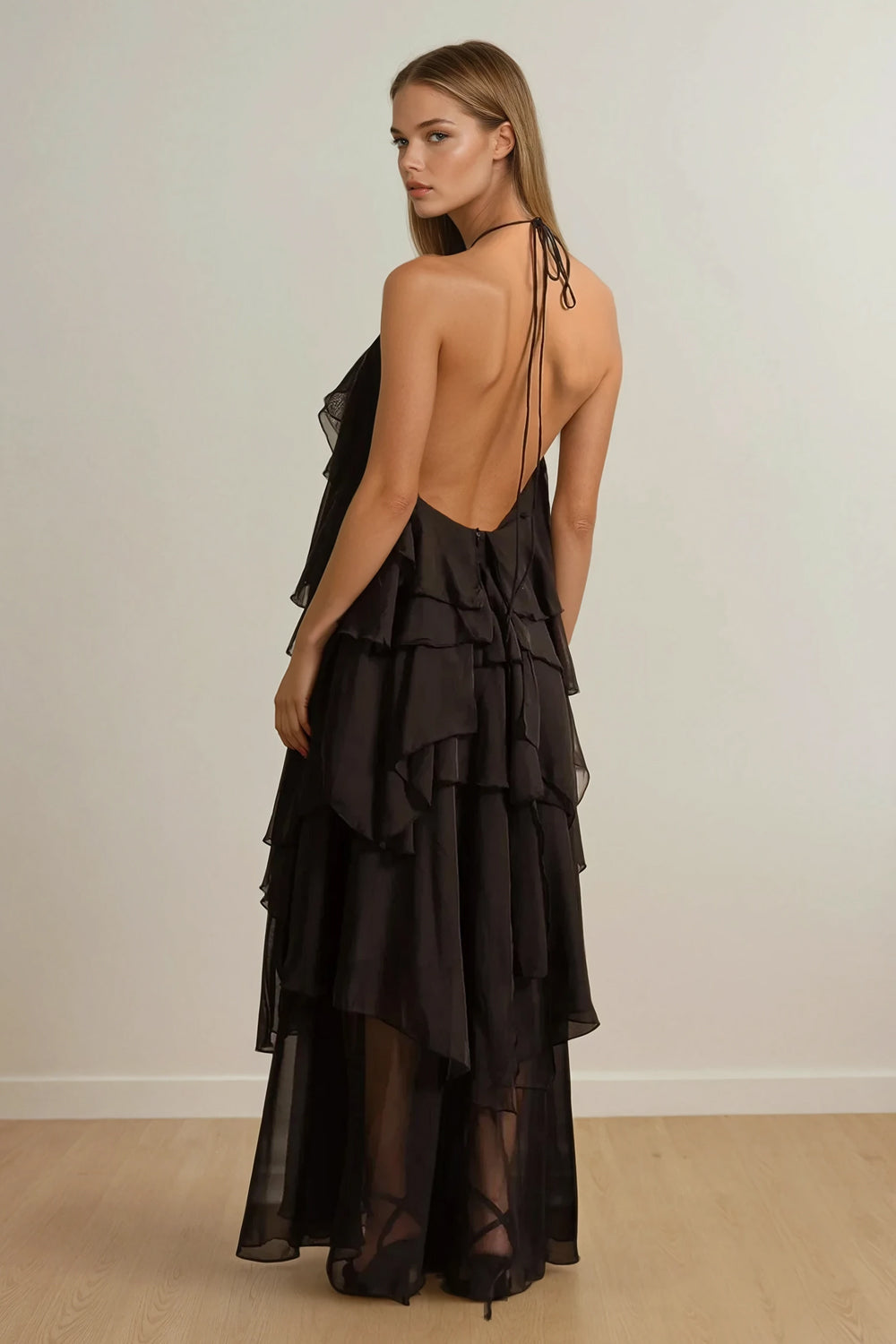 Halter Neck Layered Ruffle Backless Maxi Dress - Black