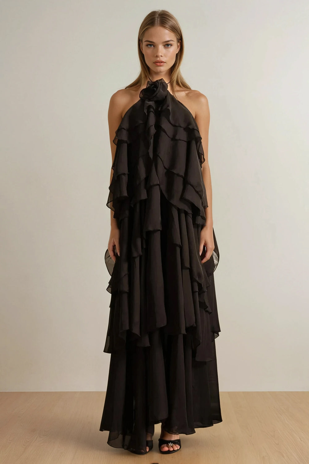 Halter Neck Layered Ruffle Backless Maxi Dress - Black